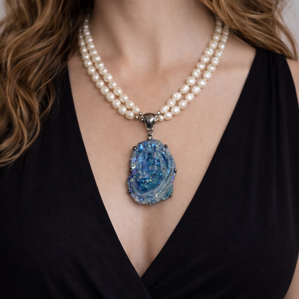One of a Kind Blue Druzy Freshwater Barogue Pearl Necklace Sterling 16.5” open